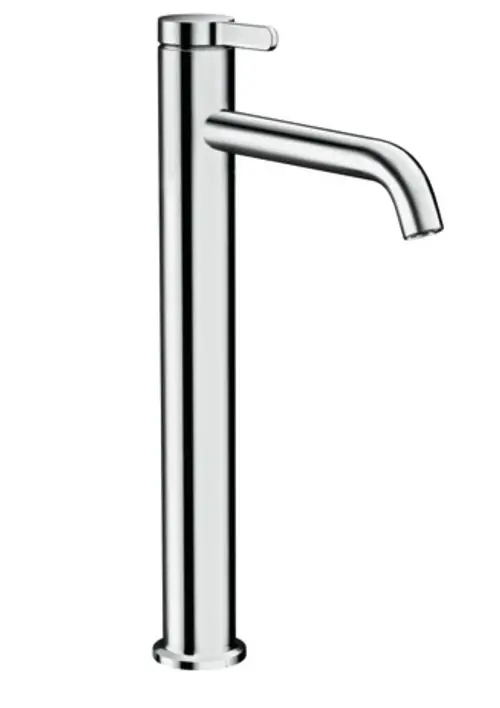 Ein AXOR Einhebel-Waschtischmischer aus Chrom mit einem hohen, geraden Körper und einem seitlichen Hebelgriff für Bedienung. Ideal für Aufsatzwaschtische geeignet.